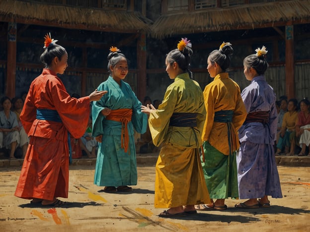 Auf dem Bild sind mehrere Mädchen in traditionellen, bunten Trachten zu sehen, die sich in einer Art Runde versammeln. Ihre Kleidung erinnert an das koreanische Hanbok, ein Symbol für kulturelle Identität und Tradition in Korea.Diese Art von Versammlung könnte einem Fest oder einer kulturellen Darbietung zugeordnet werden, bei der Tanz oder Gesang eine Rolle spielen. Solche Ereignisse sind oft mit besonderen Feiertagen oder Riten verbunden, in denen Gemeinschaft und Tradition gefeiert werden. Die leuchtenden Farben ihrer Trachten symbolisieren oft Freude und Festlichkeit und sind in der koreanischen Kultur von großer Bedeutung.Im Hintergrund sieht man eine Gruppe von Zuschauern, die wahrscheinlich aus der Gemeinde stammen und die Darbietung aufmerksam verfolgen. Solche Zusammenkünfte stärken das Gemeinschaftsgefühl und sind eine wunderbare Gelegenheit, Traditionen lebendig zu halten und an die nächste Generation weiterzugeben.