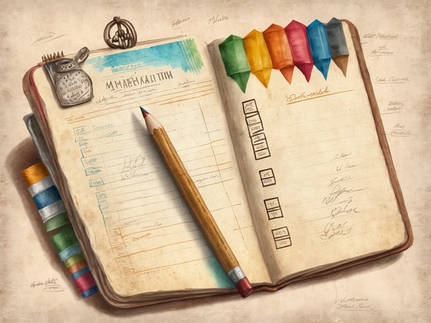 Ein geöffnetes Notizbuch liegt auf einem neutralen Hintergrund. Auf der linken Seite sind verschiedene handschriftliche Notizen und eine Aufzeichnung im Zusammenhang mit Reisen zu sehen. Ein Bleistift liegt schräg über der Seite, während bunte, geformte Marker in den Farben Blau, Orange, Grün, Rot, Gelb und Braun am oberen Rand der Seiten platziert sind. Eine kleine dekorativeTeekanne ist an der obersten Ecke des Buches befestigt.