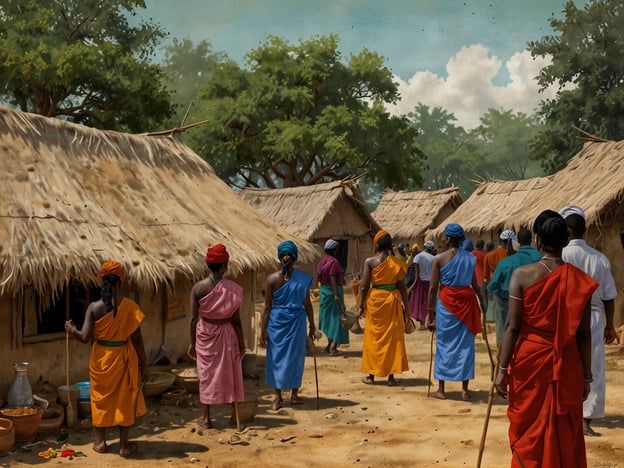 Auf dem Bild sind Menschen in traditioneller Kleidung zu sehen, die in einem Dorf mit strohbedeckten Hütten spazieren. Die leuchtenden Farben der Kleidung sind typisch für viele Kulturen und spiegeln den Stolz auf traditionelles Handwerk und Gemeinschaftsleben wider.
Die Szenerie vermittelt ein Gefühl der Verbundenheit mit der Natur und den kulturellen Wurzeln. Solche Bilder zeigen oft, wie Gemeinschaften ihre Traditionen und Bräuche leben, sei es durch Festlichkeiten, Märkte oder tägliche Rituale. Es ist eine Einladung, die Vielfalt und den Reichtum kultureller Erfahrungen zu erleben.
