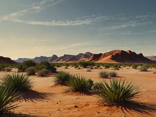 Auf dem Bild ist eine weite Wüstenlandschaft zu sehen, geprägt von sanften Sanddünen und einer Vielzahl von Pflanzen, die sich an die trockenen Bedingungen angepasst haben. Die Farben sind warm und erdverbunden, mit dem Kontrast zwischen dem orangefarbenen Sand und dem blauen Himmel.
**Geheimtipps für einen Besuch in der Wüste:**
1. **Sonnenuntergangsführungen:** Die Magie der Wüste zeigt sich oft bei Sonnenuntergang. Suche lokale Guides, die spezielle Touren anbieten, um die atemberaubenden Farben zu erleben.
2. **Nachtwanderungen:** Viele Wüstenregionen bieten die Möglichkeit, nachts zu wandern und den klaren Sternenhimmel zu bewundern – ein unvergessliches Erlebnis.
3. **Kulturelle Begegnungen:** Informiere dich über die einheimischen Stämme oder Gemeinden, die in der Nähe leben. Oft bieten sie authentische Erlebnisse und Einblicke in ihre Traditionen.
4. **Geheime Aussichtspunkte:** Frag die Einheimischen nach weniger bekannten Aussichtspunkten für spektakuläre Ausblicke ohne Touristenmassen.
5. **Lokale Flora und Fauna:** Nimm an botanischen Führungen teil, um mehr über die speziellen Pflanzen und Tiere zu erfahren, die in dieser einzigartigen Umwelt gedeihen.
Diese Tipps helfen dir, die Wüste abseits der ausgetretenen Pfade zu erkunden!
