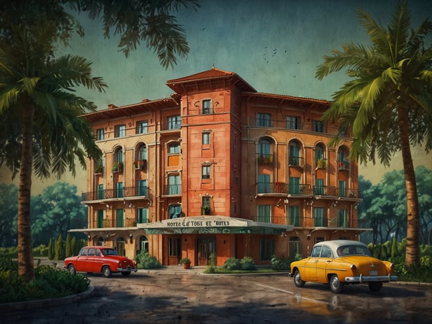 Auf dem Bild ist ein historisches Hotel zu sehen, das eine attraktive Unterkunft für Reisende darstellt. Das Gebäude hat ein charmantes, nostalgisches Design mit mehreren Fenstern und Balkonen, umgeben von üppigem Grün.Vor dem Hotel stehen zwei klassische Autos, ein rotes und ein gelbes, die verschiedene Transportmöglichkeiten für die Gäste bieten könnten. Diese Fahrzeuge erzeugen ein Gefühl von Vintage-Charme und könnten Repräsentanten vergangener Reisezeiten sein. Insgesamt vermittelt die Szenerie eine entspannte Atmosphäre, die für einen angenehmen Aufenthalt einlädt.
