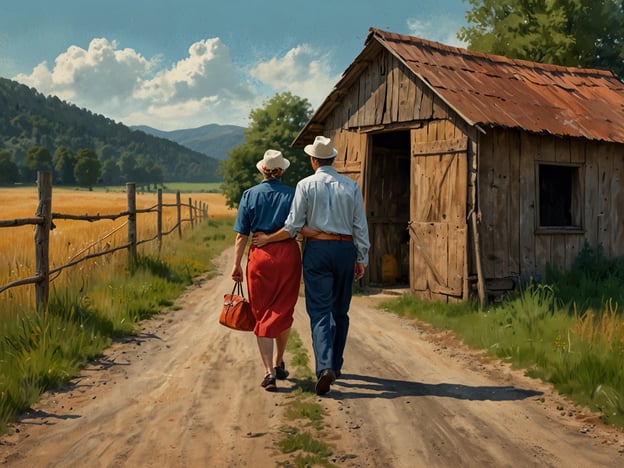 Auf dem Bild ist ein älteres Paar zu sehen, das einen ländlichen Weg entlanggeht. Sie wirken vertraut und harmonisch miteinander, was die Bedeutung von Gemeinschaft und Beziehung in vielen Kulturen unterstreicht. Das Paar trägt traditionelle Kleidung; die Frau hat einen Rock und eine Bluse, während der Mann in einer lockeren Hemd- und Hose-Kombination gekleidet ist, was eine zeitlose ländliche Mode widerspiegelt.Die ländliche Umgebung mit der Wiese, den Bäumen und der einfachen Holzhütte erzeugt eine friedliche, nostalgische Stimmung. Solche Szenen sind in vielen Kulturen ein Symbol für Einfachheit, Naturverbundenheit und das Leben im Einklang mit der Umwelt.In ländlichen Gemeinschaften wird oft Wert auf Höflichkeit und Respekt gelegt, insbesondere gegenüber älteren Menschen. Die Art und Weise, wie das Paar miteinander umgeht, spiegelt diese Werte wider; z.B. wenn sie einander nah sind, könnte das als Zeichen einer tiefen Zuneigung und gemeinsamen Lebensweisheit gedeutet werden.Die Komposition des Bildes und die Verwendung von Farben verstärken das Gefühl von Frieden und Harmonie, das mit dem Leben auf dem Land assoziiert wird.