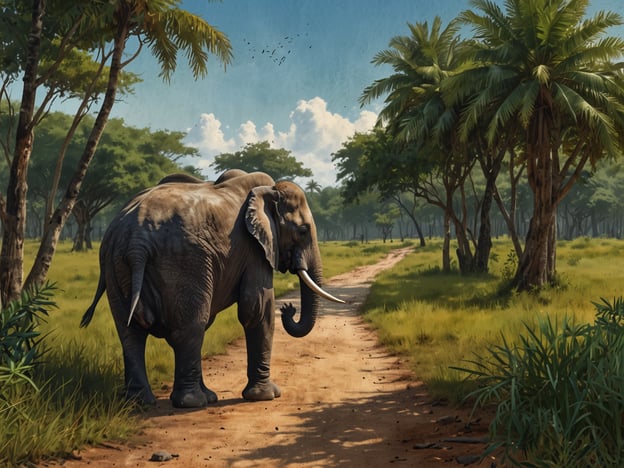 Auf dem Bild ist ein Elefant zu sehen, der auf einem Pfad durch eine grüne, dschungelartige Landschaft wandert. Diese Umgebung erinnert an afrikanische Savannen, wo man häufig Elefanten in ihrem natürlichen Lebensraum beobachten kann.Aktivitäten in einer solchen Umgebung könnten Safari-Touren sein, bei denen Besucher wilde Tiere, einschließlich Elefanten, in freier Wildbahn beobachten können. Außerdem bietet die Landschaft Möglichkeiten zum Wandern und Fotografieren der vielfältigen Flora und Fauna. Sehenswürdigkeiten in der Nähe könnten Naturschutzgebiete oder Nationalparks sein, die für ihre Tierwelt bekannt sind.