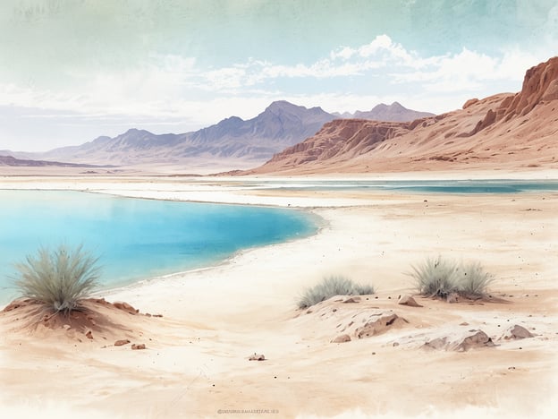 Eine weite, sandige Landschaft mit sanften Hügeln und Bergen im Hintergrund, die teilweise mit grünem und braunem Bewuchs bedeckt sind. Im Vordergrund sieht man ein ruhiges, türkisfarbenes Gewässer, das sich an den Ufern mit hellem Sand umgibt. Vereinzelte Sträucher wachsen am Rand des Wassers. Der Himmel ist hell und wolkenverhangen, was der Szene eine friedliche und beruhigende Atmosphäre verleiht. Diese Umgebung könnte gut zu den schönsten Orten für einen Urlaub in Dschibuti passen.
