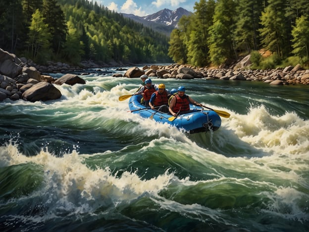 Auf dem Bild sieht man eine Gruppe von Abenteurern, die in einem Schlauchboot auf einem rauschenden Fluss paddeln. Umgeben von einer atemberaubenden Naturlandschaft mit Bergen und Wäldern, erleben sie vermutlich das aufregende Rafting. Diese Aktivität ist ideal für Abenteuerlustige, die den Nervenkitzel von schnellen Strömungen und die Schönheit der Natur genießen möchten.