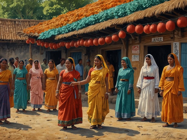 Auf dem Bild sind mehrere Frauen in traditionellen indischen Saris zu sehen, die fröhlich in einer ländlichen Umgebung versammelt sind. Die Farben ihrer Saris sind vielfältig und lebhaft, was die kulturelle Bedeutung der Kleidung unterstreicht. Im Hintergrund sieht man Häuser mit kunstvollen Dächern, die mit bunten Blumen und Laternen geschmückt sind, was auf ein Fest oder eine Feier hinweisen könnte. Solche Szenen spiegeln oft die Gemeinschaftsbindung und die Traditionen wider, die in indischen Dörfern lebendig sind, sowie die Freude, die mit kulturellen Festen verbunden ist.
Die Darstellung der Frauen zeigt Stärke und Einheit, was für viele kulturelle Erfahrungen in Indien von Bedeutung ist.