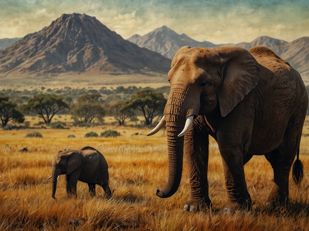 Auf dem Bild sind zwei Elefanten in einer weitläufigen Savanne zu sehen, umgeben von grasbewachsenen Flächen und Bäumen, mit Bergen im Hintergrund. Elefanten sind majestätische Tiere, die häufig in afrikanischen Landschaften vorkommen.Swasiland, auch bekannt als Eswatini, ist ein Land im südlichen Afrika, das für seine atemberaubenden Landschaften und reiche Tierwelt bekannt ist. Die Gegend bietet Schutz für viele Arten, darunter auch Elefanten, die in den Nationalparks und Wildreservaten des Landes leben.