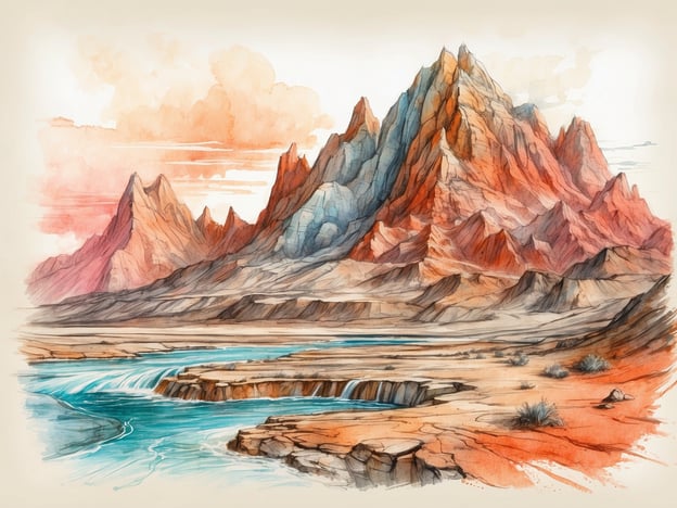 Auf dem Bild ist eine malerische Landschaft mit hohen, schroffen Bergen und einem Fluss zu sehen. Die Berge zeigen rot-orange und blaue Farbtöne, während der Fluss in einem klaren Blau durch die trockene, felsige Umgebung fließt.In der Entstehungsgeschichte von Vulcania, dem legendären Land, spielt die Natur eine zentrale Rolle. Vulcania soll durch gewaltige Vulkanausbrüche und geologische Prozesse entstanden sein, die solch majestätische Landschaften geprägt haben. Die Farben der Berge könnten die mineralreichen Böden und die vulkanische Aktivität widerspiegeln, die diesem Gebiet seinen charakteristischen Look verleihen. Der Fluss, der durch die Wüste fließt, symbolisiert die lebensspendenden Wasserquellen, die in einer rauen, vulkanischen Umgebung überlebenswichtig sind.