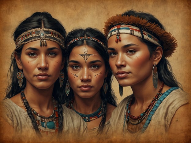 Auf dem Bild sind drei Frauen zu sehen, die traditionelle Kleidung und Schmuck tragen, die oft mit indigenen Kulturen Nordamerikas assoziiert werden. Ihre charakteristischen Accessoires, wie die Schmuckstücke aus Perlen und Federn sowie Rinden- und Stoffbänder im Haar, spiegeln eine reiche Kulturgeschichte wider.
Viele indigene Völker legen großen Wert auf die Symbolik ihrer Kleidung und Schmuckstücke. Diese können mit der Identität, Stammeszugehörigkeit und den persönlichen Geschichten der Träger verbunden sein. Die Gesichtsbemalungen und Körperverzierungen sind ebenfalls bedeutungsvoll und können bestimmte Traditionen und Rituale repräsentieren.
Zusammenfassend zeigt das Bild eine ästhetische und kulturelle Tiefe, die die Vielfalt der indigenen Kulturen und deren Traditionen thematisiert.