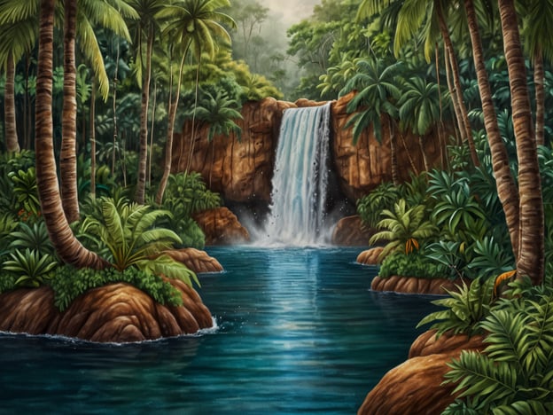Auf dem Bild ist eine tropische Landschaft mit einem Wasserfall und einem ruhigen Gewässer zu sehen, umgeben von üppigem Grün und Palmen. Diese Umgebung könnte perfekt für verschiedene Aktivitäten auf Fidschi sein.Hier kannst du abenteuerliche Erlebnisse genießen, wie beispielsweise Wandern zu versteckten Wasserfällen oder Schnorcheln in den kristallklaren Gewässern. Gleichzeitig bietet die idyllische Szenerie auch Möglichkeiten zur Entspannung, etwa beim Sonnenbaden am Ufer oder beim gemütlichen Picknick im Schatten der Palmen. Dieses Bild fängt die Balance zwischen Abenteuer und Erholung wunderbar ein!