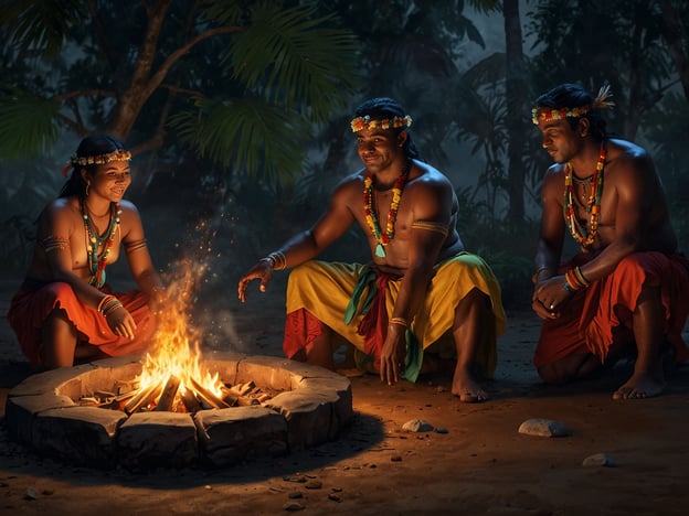 Auf dem Bild sind wahrscheinlich fidschianische Menschen zu sehen, die sich um ein Lagerfeuer versammeln. Dies könnte eine Szene aus einem traditionellen Fest oder einer kulturellen Zeremonie darstellen, die für die Fidschianer von großer Bedeutung ist.Traditionen und Feste der Fidschianer sind oft geprägt von Musik, Tanz und Gesang. Ein Highlight könnte das „Meke“ sein, ein traditioneller Tanz, der Geschichten erzählt und die Gemeinschaft zusammenbringt. Auch wichtige Feste wie das „Lovo“ (ein Festmahl, das in einer unterirdischen Grube zubereitet wird) sind bedeutend und fördern den Zusammenhalt in der Gemeinschaft.Solche Szenen am Lagerfeuer könnten auch eine Gelegenheit sein, gemeinschaftliche Werte, Ahnenverehrung oder kulturelle Geschichten zu teilen, die in der fidschianischen Gesellschaft eine große Rolle spielen.