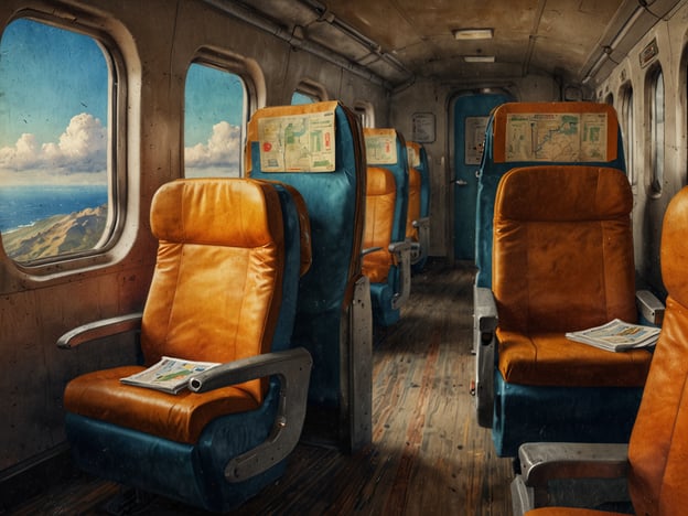 Auf dem Bild sind die Innenräume eines Flugzeugs zu sehen, das anscheinend nicht mehr in Betrieb ist. Die Sitze sind orange und blau, und es gibt Landkarten auf den Sitzen. Durch die Fenster kann man einen schönen Blick auf eine Küstenlandschaft mit Wolken und Meer erhaschen.Für die Planung deiner Reise könnte das Bild inspirierend sein, um an eine nostalgische Zeit des Reisens zu denken. Vielleicht möchtest du ein ähnliches Ziel anvisieren, bei dem du eine ähnliche Aussicht genießen kannst. Es wäre eine gute Idee, während deiner Reise die Sehenswürdigkeiten zu erkunden, die auf den Karten dargestellt werden könnten.