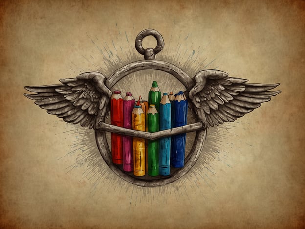 Auf dem Bild ist ein Symbol zu sehen, das verschiedene bunte Stifte zeigt, die von einem kreisförmigen Element mit Flügeln umgeben sind. Diese Darstellung könnte Kreativität und Freiheit symbolisieren.In Bezug auf Gesundheit und Sicherheit könnte man sagen, dass die Verwendung von Farben und kreativen Materialien in der Kunsttherapie eine positive Auswirkung auf das psychische Wohlbefinden hat. Es ist wichtig, sichere und ungiftige Materialien zu verwenden, um mögliche Gesundheitsrisiken zu vermeiden.