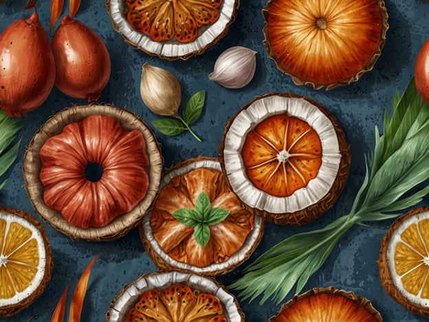Auf dem Bild sind verschiedene getrocknete Früchte und Gewürze zu sehen, die eine bunte und geschmackvolle Kulisse bilden. Enthalten sind:- Trockene Orangen- und Zitronenscheiben, die für eine erfrischende Note in Desserts oder Getränken sorgen können.- Ananasstücke, die süß und tropisch sind, ideal für Snacks oder als Dekoration.- Gewürze, möglicherweise Knoblauch und Kräuter, die für aromatische Gerichte verwendet werden können.- Blattwerk, das als Garnierung in der gehobenen Küche dient.Diese Kombination lädt ein, kreative Gerichte zuzubereiten oder geschmackliche Akzente zu setzen!