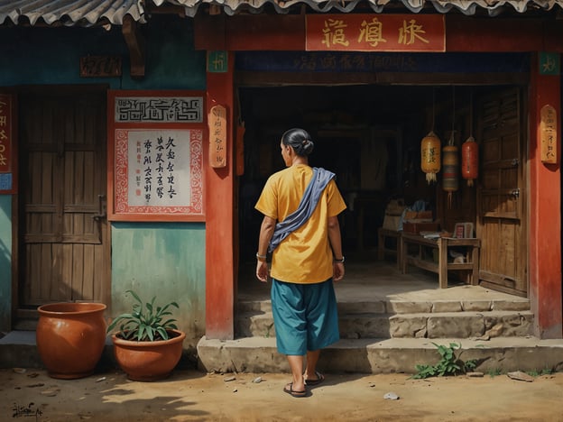 Auf dem Bild ist eine Person zu sehen, die vor einem traditionellen, asiatisch anmutenden Gebäude steht. Die Person trägt ein gelbes Oberteil und eine blaue Hose, kombiniert mit einem grauen Schal auf der Schulter.Das Gebäude hat eine interessante Architektur, mit kunstvoll gestalteten Türen und Fenstern. An der Wand hängen mehrere Laternen, die eine festliche Atmosphäre vermitteln. Vor dem Eingang befinden sich Tontöpfe und Pflanzen, was dem Bild eine gewisse Lebendigkeit verleiht.Kommunikationstipps:1. **Sei präzise**: Beschreibe das Bild klar und detailliert.2. **Verwende anschauliche Sprache**: Nutze lebendige Adjektive, um das Bild lebendig werden zu lassen.3. **Betone Gefühle**: Versuche, die Stimmung und Atmosphäre des Bildes zu erfassen und zu vermitteln.