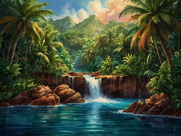 Auf dem Bild ist eine malerische Landschaft zu sehen, die eine tropische Umgebung mit üppigen grünen Palmen und Pflanzen zeigt. Es gibt einen Wasserfall, der in einen klaren, blauen Wasserlauf fällt, umgeben von Felsen. Im Hintergrund sind sanfte Hügel und ein bunter Himmel zu erkennen, der auf einen schönen, sonnigen Tag hinweist.Diese Szenerie könnte typisch für die Naturschönheiten von Samoa sein, einer Inselgruppe im Südpazifik, bekannt für ihre beeindruckenden Landschaften, Strände und vielfältige Flora und Fauna. Samoa bietet eine reiche Kultur und atemberaubende Natur, die viele Besucher anzieht.