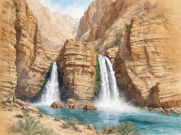 Eine majestätische Landschaft mit zwei Wasserfällen, die aus steilen, von Sonne beschienenen Felsen herabstürzen. Das Wasser plätschert in einen ruhigen, blauen Teich, umgeben von grünem Schilf und trockener, goldbrauner Erde. Im Hintergrund erheben sich sanfte, zerklüftete Berge unter einem klaren Himmel. Die Szenerie strahlt Ruhe und natürliche Schönheit aus und lädt zur Erkundung ein.