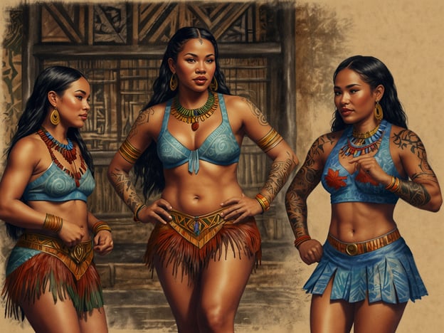 Auf dem Bild sind drei Frauen zu sehen, die traditionelle Kleidung tragen, die von indigenen Kulturen inspiriert zu sein scheint. Ihre Outfits sind farbenfroh und enthalten Elemente wie bunte Häkelarbeiten und Federpröpel, was häufig in der Kunst und Mode indigener Völker anzutreffen ist.Die dargestellten Frauen könnten in einem kulturellen Kontext stehen, in dem traditionelle Tänze oder Feste stattfindet. Solche Veranstaltungen sind oft von spirituellem und gemeinschaftlichem Charakter und bieten eine Möglichkeit, die eigene Kultur durch Musik, Tanz und Tracht zu zelebrieren.Die Körperkunst, die durch Tätowierungen angedeutet wird, spielt in vielen Kulturen eine bedeutende Rolle und kann persönliche, familiäre oder spirituelle Geschichten erzählen. Der Hintergrund mit architektonischen Elementen deutet darauf hin, dass das Bild in einer historischen oder kulturell bedeutenden Umgebung entstanden sein könnte.Insgesamt spiegelt das Bild die Schönheit von Traditionen und kulturellen Erlebnissen wider, die oft eine wichtige Rolle im Leben und der Identität der dargestellten Personen spielen.