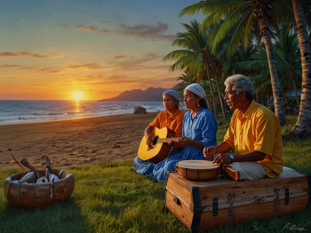 Auf dem Bild sind drei Menschen zu sehen, die in einer malerischen Küstenlandschaft in der Nähe eines Strandes musizieren, während die Sonne am Horizont untergeht. Sie tragen traditionelle Kleidung, was darauf hindeutet, dass sie möglicherweise an einer kulturellen Feier oder einem Musikfest teilnehmen.Die Verwendung von Musikinstrumenten wie einer Gitarre und traditionellen Trommeln zeugt von der wichtigen Rolle, die Musik in vielen Kulturen spielt, um Gemeinschaften zusammenzubringen und Traditionen weiterzugeben. Solche Szenen sind oft Teil von Festlichkeiten, die das kulturelle Erbe, die Geschichte und die Identität der Menschen feiern.Die Palmen im Hintergrund und der Strand erinnern an tropische Regionen und deren Lebensstil, der häufig eng mit der Natur verbunden ist. Diese Art von musikalischer Darbietung könnte beispielsweise bei lokalen Festivals, Familienfeiern oder sogar bei spirituellen Zeremonien vorkommen, bei denen die Verbindung zur Natur und zur Gemeinschaft im Mittelpunkt steht.