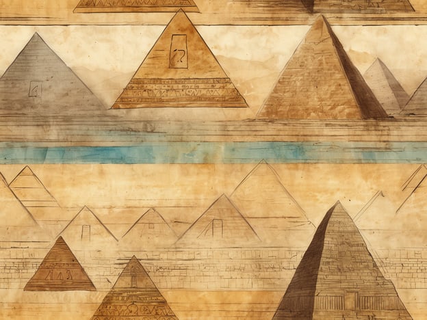 Eine künstlerische Darstellung von Pyramiden in Ägypten, die die beeindruckende Architektur und das historische Erbe der Pharaonen zeigt. Im Vordergrund sind mehrere Pyramiden in verschiedenen Größen und Perspektiven abgebildet, während im Hintergrund sanfte Hügel und eine strukturierte Landschaft zu sehen sind. Die Pyramiden sind mit hieroglyphischen Zeichen und Mustern verziert, die auf die altägyptische Kultur hinweisen. Der Himmel zeigt eine sanfte Farbnuance, die die Szenerie zusätzlich akzentuiert. Insgesamt vermittelt das Bild eine Atmosphäre von Geschichte und Mysterium.