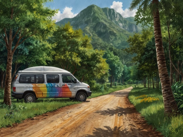 Auf dem Bild ist ein farbenfroher Kleinbus zu sehen, der auf einem schmalen, unbefestigten Weg in einer grünen, bewaldeten Landschaft parkt. Die Umgebung ist charakterisiert durch hohe Bäume und üppige Vegetation, sowie majestätische Berge im Hintergrund.Diese Szenerie verkörpert das Konzept des nachhaltigen Tourismus, da sie Reisenden die Möglichkeit bietet, die Natur zu erkunden, ohne sie zu schädigen. Umweltbewusstsein spielt eine zentrale Rolle, indem man sanfte Fortbewegungsmittel, wie den Bus, nutzt, um die Natur zu respektieren und gleichzeitig Zugang zu abgelegenen und weniger erschlossenen Gebieten zu erhalten. Solche Bilder inspirieren dazu, die Schönheit der Natur zu schätzen und gleichzeitig einen verantwortungsbewussten Umgang mit ihr zu fördern.