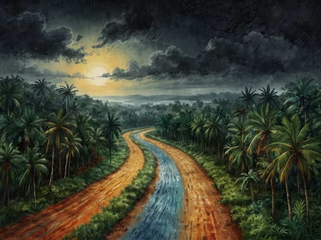 Auf dem Bild ist eine tropische Landschaft mit einer kurvenreichen Wasserstraße, umgeben von üppigen Palmen und einem bewölkten Himmel zu sehen. Es scheint, als ob es kurz vor einem Regen ist, was auf eine hohe Luftfeuchtigkeit und möglicherweise typisches Regenwaldklima hinweist.Die beste Reisezeit für solche tropischen Regionen ist häufig während der Trockenzeit, die je nach Standort unterschiedlich sein kann. Dies könnte von etwa Dezember bis April in vielen Teilen der Tropen reichen, um sich dem starken Regen und den feuchten Bedingungen zu entziehen. Daher wäre es ratsam, vor der Reise die spezifischen klimatischen Bedingungen der jeweiligen Region zu überprüfen.