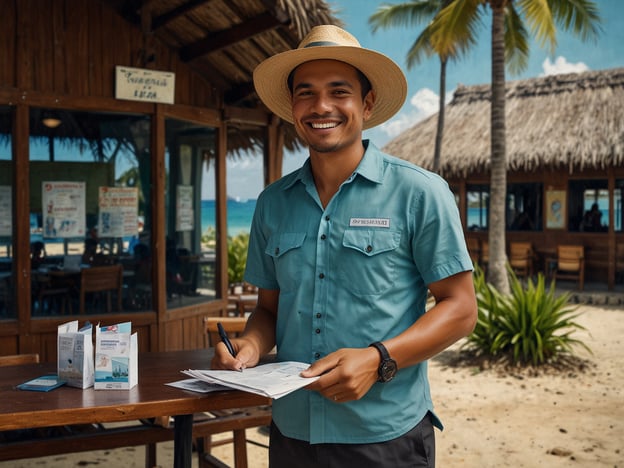 Auf dem Bild ist ein lächelnder Mann zu sehen, der draußen an einem Tisch steht und etwas auf einem Formular schreibt. Er trägt ein Sommerhemd und einen Hut. Im Hintergrund sind eine Strandlandschaft und ein Restaurant zu erkennen.In Bezug auf Einreise und Visum könnte dieser Mann zum Beispiel ein Mitarbeiter eines Resorts oder einer Unterkunft sein, der Urlauber bei der Ankunft hilft. Bei der Einreise in ein anderes Land ist es wichtig, die richtigen Visa zu haben, um sicherzustellen, dass alles reibungslos verläuft.