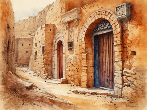Eine malerische Gasse in algerischer Architektur, umgeben von alten Steinmauern in warmen Erdtönen. Auf der linken Seite befindet sich eine schlichte Steinmauer, während auf der rechten Seite zwei Türen in verschiedenen Farben zu sehen sind. Eine Tür ist rot, die andere blau, beide mit traditionellen Bögen und Holzvertäfelungen. Über der blauen Tür hängt ein kunstvoll gestalteter Rahmen. Der Boden ist mit Sand und kleinen Steinen bedeckt, und im Hintergrund sind sanfte, bergige Landschaften sichtbar. Diese Szenerie vermittelt ein Gefühl von Geschichte und Charme.
