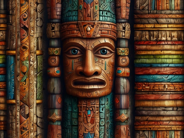 Auf dem Bild ist eine kunstvolle Darstellung zu sehen, die an die Traditionen und kulturellen Schätze präkolumbianischer Zivilisationen erinnert, möglicherweise inspiriert von den Kulturen der Maya oder Azteken.Die Maske im Vordergrund symbolisiert oft Macht und Spiritualität und könnte Teil von religiösen Ritualen gewesen sein. Die bunten, detaillierten Reliefs und Muster spiegeln die hohe Kunstfertigkeit dieser Kulturen wider, die Tiere, Natur und göttliche Wesen verehrten. Solche Kunstwerke sind nicht nur ästhetisch beeindruckend, sondern zeigen auch die komplexe Geschichte und die tiefen Überzeugungen dieser Zivilisationen.Die Verwendung von lebendigen Farben und die präzisen Schnitzerein deutet auf eine reiche Symbolik hin, die in den Traditionen dieser Kulturen tief verankert ist.