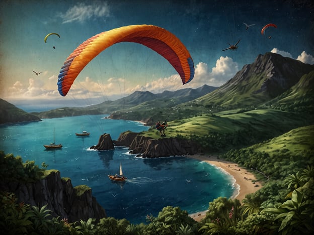 Auf dem Bild sieht man eine atemberaubende Landschaft, die zum Abenteuer einlädt. Im Vordergrund fliegen mehrere Paraglider durch die Luft, was aufregende Aktivitäten wie Gleitschirmfliegen zeigt.Unter ihnen erstreckt sich eine malerische Küste mit einem ruhigen, blauen Meer, in dem einige Boote segeln. Diese Szene verleiht dem Bild ein Gefühl der Freiheit und des Erlebens. Die Umgebung ist üppig und grün, was das Gefühl von Naturverbundenheit und Erkundung verstärkt.Insgesamt vermittelt das Bild den Eindruck eines perfekten Tages voller Abenteuer, sei es beim Gleitschirmfliegen oder beim Segeln auf dem Wasser.