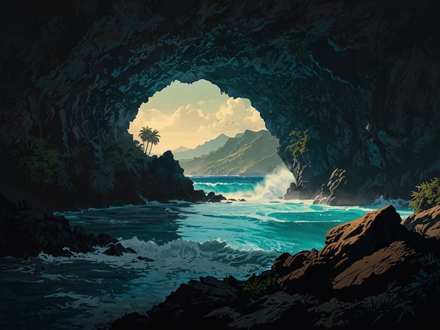 Das Bild zeigt eine eindrucksvolle Küstenlandschaft, die an Mikronesien erinnert. Hier kann man sich Abenteuer wie Schnorcheln in kristallklarem Wasser vorstellen, um die vielfältige Unterwasserwelt zu erkunden. Es gibt zahlreiche Möglichkeiten, durch versteckte Höhlen zu paddeln, die mit reichen tropischen Pflanzen umgeben sind.Das Bild könnte auch einen idealen Ort für Kayakfahrten oder das Entspannen an einsamen Stränden darstellen, wo man die Ruhe der Natur genießen kann. Die majestätischen Berge im Hintergrund laden zum Wandern und Entdecken ein, während die Wellen am Ufer für ein beruhigendes Ambiente sorgen. In Mikronesien gibt es viele solcher atemberaubenden Orte zu entdecken, die sowohl für Abenteuer als auch für Erholung geeignet sind.