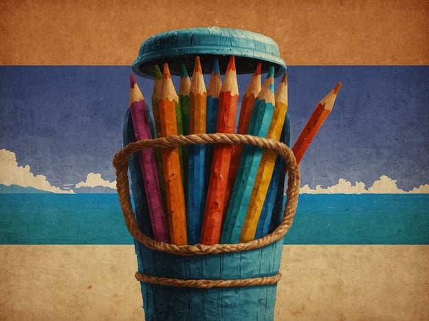 Auf dem Bild ist ein Eimer mit bunten Buntstiften zu sehen, vor einem Hintergrund, der eine Strand- und Meereslandschaft darstellt.Hier sind einige praktische Tipps für deinen Mikronesien-Urlaub:1. **Packliste:** Denk daran, leichte und atmungsaktive Kleidung sowie Badesachen einzupacken. Sonnenschutzmittel und Insektenschutz sind ebenfalls wichtig.2. **Währung:** Informiere dich über die lokale Währung. In vielen Regionen wird der US-Dollar akzeptiert, aber es kann sinnvoll sein, auch lokale Währungen zu haben.3. **Sprache:** Englisch wird häufig gesprochen, aber es kann hilfreich sein, ein paar Wörter in der lokalen Sprache zu lernen.4. **Aktivitäten:** Nutze die Gelegenheit zum Schnorcheln und Tauchen, da die Gewässer reich an Meereslebewesen sind.5. **Respektiere die Kultur:** Sei respektvoll gegenüber den lokalen Traditionen und Bräuchen. Es ist oft angemessen, sich bei Besuchen in Dörfer zurückhaltend und respektvoll zu verhalten.6. **Transport:** Plane deinen Transport im Voraus, da die Inseln oft weniger erschlossen sind und öffentliche Verkehrsmittel begrenzt sein können.Mit diesen Tipps bist du gut gerüstet für deinen unvergesslichen Urlaub in Mikronesien!