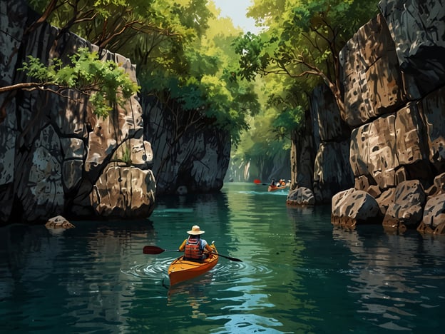 Auf dem Bild sieht man eine idyllische Kajaktour durch eine schmale Wasserbahn, umgeben von majestätischen Felsen und üppiger Vegetation. In Palau kannst du ähnliche Abenteuer erleben, darunter:1. **Kajakfahren**: Erkunde die beeindruckenden Lagunen und versteckten Buchten, die von atemberaubenden Kalksteinformationen umgeben sind.2. **Schnorcheln und Tauchen**: Entdecke die reiche Unterwasserwelt mit bunten Korallen und vielfältigem Meeresleben.3. **Wanderungen**: Erkunde die üppigen Regenwälder und genieße den Blick auf den wunderschönen Pazifischen Ozean.4. **Inselhopping**: Besuche verschiedene Inseln und entdecke ihre einzigartigen Landschaften und Kulturen.5. **Wildtiere beobachten**: Halte Ausschau nach interessanten Vögeln und anderen Tierarten in den Nationalparks.Palau bietet eine Vielzahl von Aktivitäten für Naturliebhaber und Abenteurer!