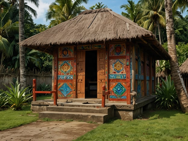 Auf dem Bild ist ein traditionelles Palauan-Haus zu sehen, das architektonisch und kulturell stark mit der Geschichte und den Traditionen Palaus verbunden ist. Diese Hütten sind oft aus Holz und geflochtenen Materialien gebaut, mit einem charakteristischen Strohdach, das Schutz vor den tropischen Witterungsbedingungen bietet.Die farbenfrohen Wandverzierungen sind Zeichen von Kunstfertigkeit und kulturellem Erbe. Sie erzählen Geschichten über die Gemeinschaft, ihre Bräuche und die Verbindung zur Natur. Solche Häuser dienen nicht nur als Wohnraum, sondern auch als Orte für Versammlungen und kulturelle Feierlichkeiten, in denen Traditionen weitergegeben und gemeinschaftliche Werte gefestigt werden. Die grünen Landschaften um das Haus herum verdeutlichen die reiche Flora Palaus, die ebenfalls eine zentrale Rolle im Leben der Einwohner spielt.