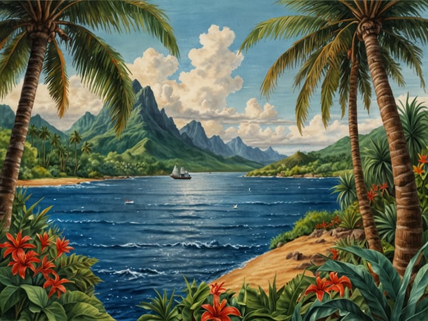 Auf dem Bild ist eine tropische Küstenlandschaft zu sehen, die von Palmen und bunten Blumen geprägt ist. Im Hintergrund erhebt sich eine Berglandschaft, während im Wasser ein Segelboot fährt.Die Marshallinseln, ein Inselstaat im Pazifischen Ozean, bestehen aus über 1.000 kleinen Inseln und atollen und sind bekannt für ihre wunderschöne Natur, kristallklares Wasser und reichhaltige marine Biodiversität. Die Region ist auch wichtig für ihre kulturellen Traditionen und Geschichte, einschließlich einer starken Verbindung zum Meer, das eine zentrale Rolle im Leben der Einheimischen spielt. Die idyllische Landschaft der Marshallinseln zieht Touristen an, die sich für Tauchen, Schnorcheln und die Erkundung der einzigartigen Flora und Fauna interessieren.