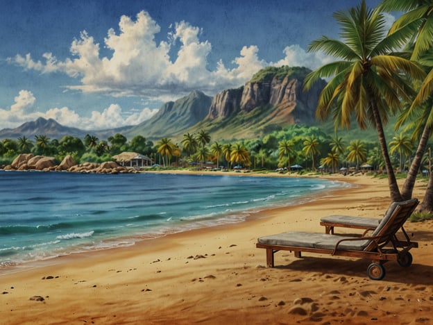 Auf dem Bild ist eine malerische Strandlandschaft zu sehen, mit feinem, goldenem Sand, ruhigem Wasser und Palmen. Im Hintergrund erheben sich grüne Berge unter einem klaren, blauen Himmel mit einigen Wolken. Zwei Liegestühle stehen im Vordergrund, bereit für einen entspannten Tag am Strand.Die beste Reisezeit für Nauru sind die Monate von Mai bis Oktober, wenn das Wetter trockener und angenehmer ist. In dieser Zeit können Reisende die Naturschönheiten und Strände der Insel am besten genießen.
