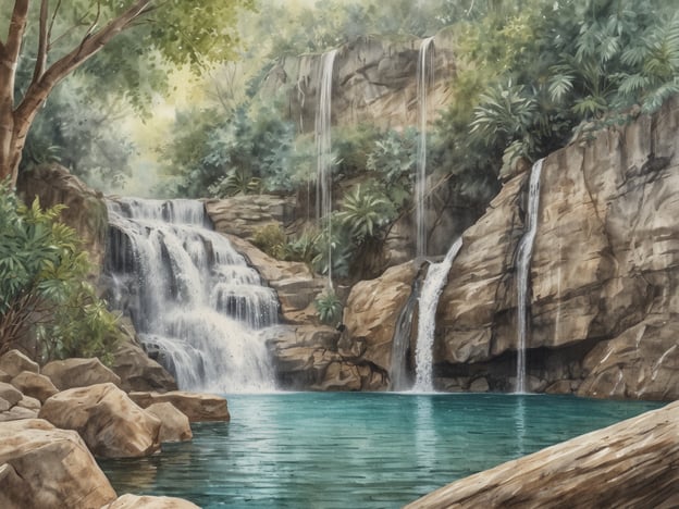 Eine malerische Wasserfalllandschaft in Thailand mit mehreren Wasserfällen, die sanft über große Felsen fließen und in einem klaren, turquoise Wasserbecken münden. Umgeben von üppigem, grünem Pflanzenbewuchs und hohen Bäumen, die eine ruhige und friedliche Atmosphäre schaffen. Die sanften Strahlen des Sonnenlichts scheinen durch das schattige Blätterdach und verleihen der Szene eine einladende und entspannende Stimmung.