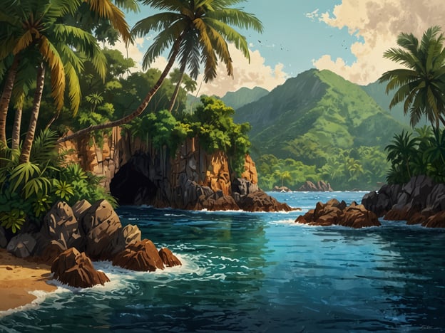 Das Bild zeigt eine malerische Küstenlandschaft mit tropischer Vegetation. Man sieht hohe Palmen, üppiges Grün und felsige Küstenabschnitte. Das Wasser ist klar und bewegt sich sanft, was auf eine ruhige Atmosphäre hindeutet. Im Hintergrund erheben sich sanfte Hügel oder Berge, die die natürliche Schönheit der Szenerie unterstreichen.Die Nordmarianen, eine Inselgruppe im westlichen Pazifik, sind bekannt für ihre atemberaubenden Küstenlandschaften und das tropische Klima. Die reichen Ökosysteme und kristallklaren Gewässer ziehen Touristen an und bieten vielfältige Möglichkeiten für Wassersport und Erholung.