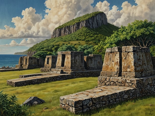 Auf dem Bild sind beeindruckende Ruinen zu sehen, die an eine archäologische Stätte erinnern. Die landschaftliche Kulisse mit dem Meer und der grünen Hügel im Hintergrund verleiht der Szene eine malerische Atmosphäre. Solche Ruinen könnten zu den Top-Sehenswürdigkeiten von Inseln oder Küstenregionen gehören, insbesondere in archäologisch bedeutsamen Gebieten wie Rapa Nui (Osterinsel) oder ähnlichen Orten.Erlebnisse in der Nähe solcher Stätten könnten Führungen durch die Ruinen, das Erforschen lokaler Legenden und Geschichten sowie die Möglichkeit, die wunderschöne Natur zu genießen, umfassen. Aktivitäten wie Wanderungen zu den umliegenden Hügeln oder entspannte Spaziergänge am Strand könnten ebenfalls spannende Optionen sein.