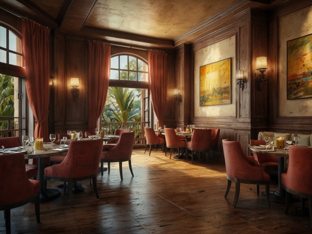 Auf dem Bild ist ein elegantes Restaurant zu sehen, das eine gemütliche und stilvolle Atmosphäre ausstrahlt. Die Einrichtung umfasst rote Samtstühle, Holzverkleidungen und große Fenster mit Blick auf eine grüne Umgebung.Hier sind ein paar Tipps zu Unterkünften und Essen:### Unterkunft:- **Lage**: Suche nach einem Hotel in der Nähe des Restaurants, damit du nach dem Essen nicht weit reisen musst.- **Bewertungen**: Achte auf Gästebewertungen, um sicherzustellen, dass die Unterkunft sowohl in Bezug auf Komfort als auch auf Service gut abschneidet.### Essen:- **Gerichte**: Informiere dich über die Spezialitäten des Restaurants im Voraus. Oft haben sie saisonale Menüs oder regionale Spezialitäten.- **Reservierung**: Gerade in beliebten Restaurants kann es sinnvoll sein, im Voraus zu reservieren, um lange Wartezeiten zu vermeiden.- **Frühstück**: Wenn das Restaurant Frühstück anbietet, nutze die Gelegenheit, die angebotenen Optionen zu probieren, besonders die lokalen Speisen.Genieße deinen Aufenthalt!