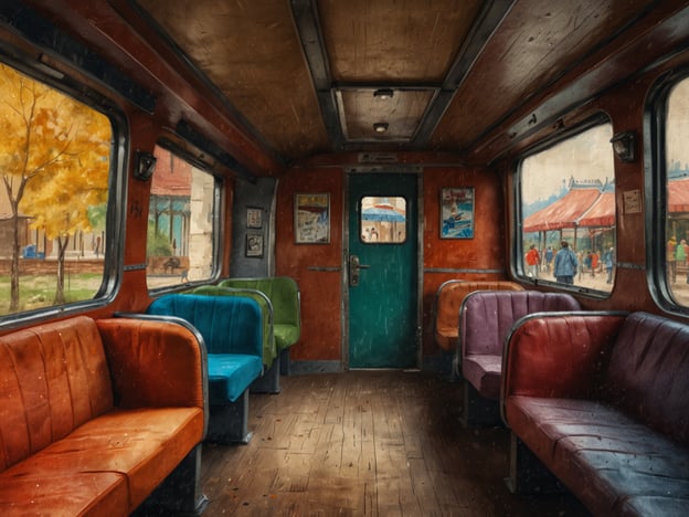 Auf dem Bild ist das Innere eines Waggons zu sehen, der mit bunten Sitzbänken ausgestattet ist. Die Wände sind in warmen Farbtönen gehalten, und es gibt große Fenster, durch die man nach draußen schauen kann. Die Landschaft draußen scheint herbstlich zu sein, mit bunten Bäumen und Menschen, die sich in der Nähe aufhalten.Für Hawaii wäre die beste Reisezeit in der Regel von April bis Oktober, wenn das Wetter warm und angenehm ist.