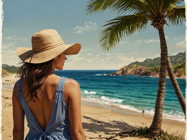 Auf dem Bild ist eine Strandlandschaft zu sehen, mit einer Frau, die auf das Meer schaut. Die Umgebung wirkt warm und einladend, mit Palmen und einem schönen Sandstrand.Wenn du Aktivitäten planen möchtest, könntest du folgende Überlegungen anstellen:1. **Strandtag**: Packe einen Picknickkorb und genieße eine entspannte Zeit am Strand mit Schwimmen und Sonne tanken.2. **Wassersport**: Überlege, Wassersportarten wie Schnorcheln oder Stand-Up-Paddling auszuprobieren.3. **Wanderung**: Erkunde die Küste und mache eine Wanderung entlang des Wassers, um die atemberaubende Aussicht zu genießen.4. **Fototour**: Mache Fotos von der schönen Landschaft und den Palmen, um die Erinnerungen festzuhalten.5. **Sonnenuntergang**: Plane einen Abend am Strand, um den Sonnenuntergang zu beobachten – ein romantisches und friedliches Erlebnis.Diese Aktivitäten könnten helfen, die Zeit an diesem malerischen Ort zu bereichern!