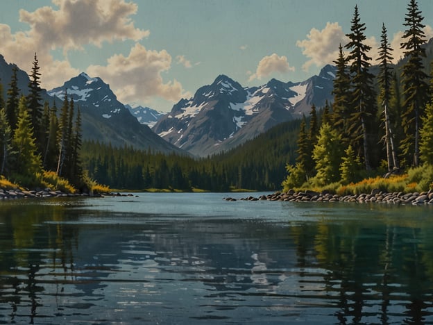 Auf dem Bild sieht man eine beeindruckende Landschaft mit einem ruhigen See, umgeben von majestätischen Bergen und dichten Wäldern. Die Wasseroberfläche spiegelt die umliegenden Berge und den Himmel wider, was eine friedliche und malerische Atmosphäre schafft.Stell dir vor, du stehst am Ufer des Sees, umgeben von der frischen, klaren Luft der Wildnis. Vielleicht hast du gerade einen langen Wanderweg hinter dir, entlang der schattenspendenden Bäume und bunten Blumen, die den Weg säumen. In der Ferne hörst du das sanfte Rauschen eines kleinen Wasserfalls und das Zwitschern von Vögeln, während ein leichter Wind über das Wasser streicht.Solche Erlebnisse in der Natur bringen eine tiefe Verbundenheit mit der Erde mit sich. Die Schönheit dieser Landschaft lädt dazu ein, innezuhalten, zu meditierten und die Einfachheit des Lebens in der Wildnis zu genießen. Jeder Blick auf das ruhige Wasser und die schneebedeckten Gipfel könnte dich inspirieren, neue Abenteuer zu suchen, sei es beim Angeln, Kajakfahren oder einfach beim Erkunden der unberührten Natur.