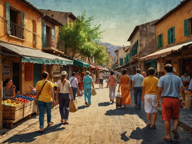 Auf dem Bild ist eine lebendige Marktszene in einer malerischen Straße zu sehen. Die Sonne scheint auf die bunten Gebäude, und zahlreiche Menschen schlendern entspannt entlang der Straße, während sie nach frischen Produkten oder handgemachten Waren suchen.Die Marktstände bieten eine Vielzahl von Obst und Gemüse an, was auf lokale Landwirtschaft und Gemeinschaftsunterstützung hinweist. Die Atmosphäre ist gesellig und einladend, was typisch für solche Märkte ist, wo man nicht nur einkaufen, sondern auch mit den Verkäufern und anderen Besuchern ins Gespräch kommen kann.Solche kulturellen Erlebnisse sind oft zentrale Treffpunkte für die Gemeinschaft, wo Traditionen gepflegt und lokale Produkte gefördert werden. Die Interaktion zwischen den Menschen schafft ein Gefühl der Zugehörigkeit und Wertschätzung für die lokale Kultur.