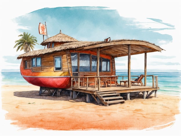 Auf dem Bild ist ein malerisches Strandhaus zu sehen, das auf einer Sandfläche am Meer steht. Es hat eine farbenfrohe Fassade und ein Dach aus Stroh, das eine tropische Atmosphäre schafft.In Bezug auf Essen und Trinken auf der Insel könnten frische Meeresfrüchte, exotische Früchte wie Mangos oder Ananas sowie kühle Cocktails oder Erfrischungsgetränke serviert werden. Man könnte auch die lokale Spezialität, wie zum Beispiel gegrillten Fisch, genießen, während man auf der Veranda des Hauses entspannen kann.