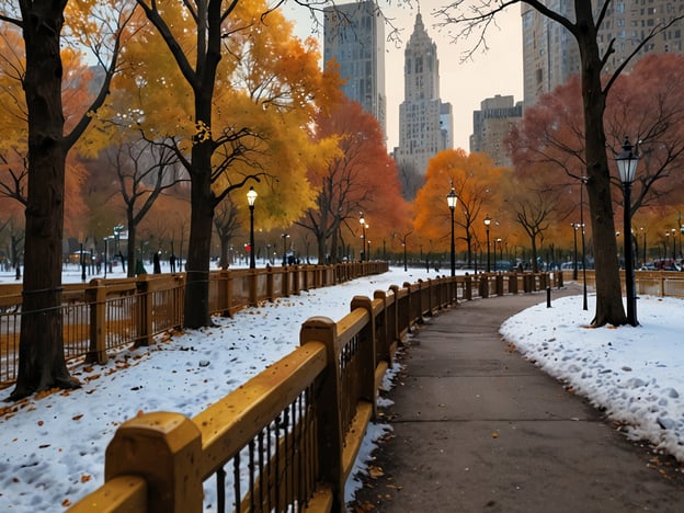 Auf dem Bild ist eine malerische Herbstszene in einem Park zu sehen, vermutlich in New York. Die Bäume sind in leuchtenden Herbstfarben gefärbt, während der Boden mit einer Schicht Schnee bedeckt ist. Ein gepflasterter Weg verläuft durch den Park und wird von Laternen gesäumt, die eine gemütliche Atmosphäre schaffen.
Die besten Reisezeiten für New York sind im Frühling (April bis Juni) und im Herbst (September bis November). In diesen Monaten sind die Temperaturen angenehm, und die Natur zeigt ihre schönsten Farben, insbesondere im Herbst wie auf dem Bild zu sehen.