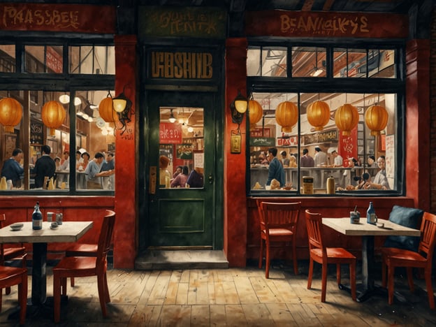 Auf dem Bild sieht man eine lebendige, atmosphärische Restaurant-Szene, die an die kulinarischen Highlights von New York erinnert. Es könnte sich um einen Platz in einem Chinatown oder einem Restaurantviertel handeln, das typisch für New York ist. Die roten Laternen und das einladende Ambiente lassen an authentische asiatische Küche denken, wie sie in vielen beliebten Lokalen zu finden ist.
In New York sind gastronomische Erlebnisse wie Dim Sum, Noodles, oder verschiedene asiatische Street Food-Angebote sehr gefragt. Solche Plätze bieten oft eine große Vielfalt an traditionellen Gerichten, die zum Teilen und Genießen einladen. Das Bild vermittelt das Gefühl von Geselligkeit und der Freude am Essen, was das kulinarische Erbe der Stadt prägnant widerspiegelt.