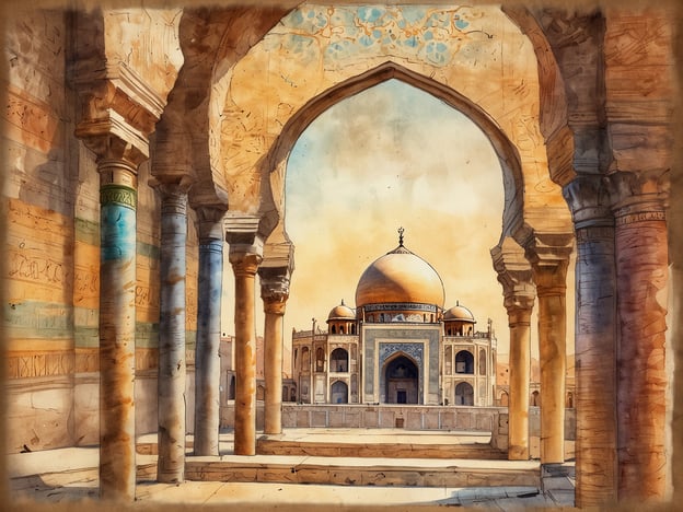 Eine historische architektonische Ansicht zeigt einen eindrucksvollen Zugang mit mehreren Säulen und Bögen, die einen Blick auf ein majestätisches Gebäude mit einer großen Kuppel ermöglichen. Das Gebäude im Hintergrund ist reich verziert und strahlt eine kulturelle Bedeutung aus. Die Farbpalette umfasst warme Erdtöne und sanfte Blau- und Grüntöne, die die Atmosphäre der Szene unterstreichen. Diese Darstellung vermittelt ein Gefühl von Geschichte und Tradition, charakteristisch für die iranische Kultur.