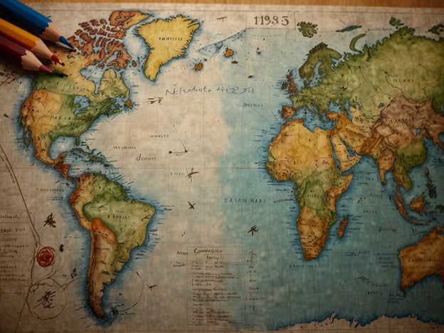 Auf dem Bild ist eine Weltkarte zu sehen, die verschiedene Kontinente und Länder darstellt. Die Karte zeigt eine zeichnerische Darstellung mit Farbverläufen und handschriftlichen Notizen. Oben links befindet sich Grönland, während Nordamerika, Südamerika, Europa, Afrika, Asien und Australien zu erkennen sind. Es liegen auch einige Buntstifte oben auf der Karte, was darauf hindeutet, dass vielleicht an dieser Karte gearbeitet wird, möglicherweise durch Markierungen oder Farbänderungen.
Für die effektive Nutzung von Flugsuchmaschinen und Vergleichsportalen könnte man folgendes beachten:
1. **Suchfilter verwenden**: Nutze die Filteroptionen, um spezifische Wünsche wie Reisedaten, Fluggesellschaften oder Preisspannen einzugeben.
2. **Preisvergleiche anstellen**: Vergleiche mehrere Seiten, da einige Portale unterschiedliche Preise anbieten können.
3. **Benachrichtigungen einstellen**: Aktiviere Preisbenachrichtigungen, um informiert zu werden, wenn die Preise fallen.
4. **Flexible Daten suchen**: Bei flexiblen Reisedaten können günstigere Angebote gefunden werden.
5. **Direkt bei Fluggesellschaften prüfen**: Manchmal haben Airlines eigene Angebote, die nicht auf Vergleichsportalen angezeigt werden.
So kannst du das Beste aus deiner Flugsuche herausholen!