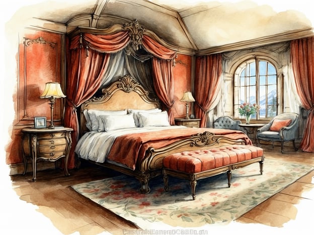 Auf dem Bild ist ein elegantes Schlafzimmer zu sehen. Die Einrichtung ist klassisch und sehr stilvoll, mit einem großen Bett, das mit einem roten Überwurf dekoriert ist. Dazu gibt es einen gepolsterten Hocker am Fußende des Bettes und eine komfortable Sitzecke mit einem Sessel. Die Wände sind mit roten Vorhängen geschmückt, und es gibt einen großen Fenster mit Blick auf die Landschaft.Diese Art von Unterkunft könnte in einem romantischen Hotel oder einem luxuriösen Bed & Breakfast gefunden werden, ideal für einen entspannten Aufenthalt oder einen romantischen Kurzurlaub.